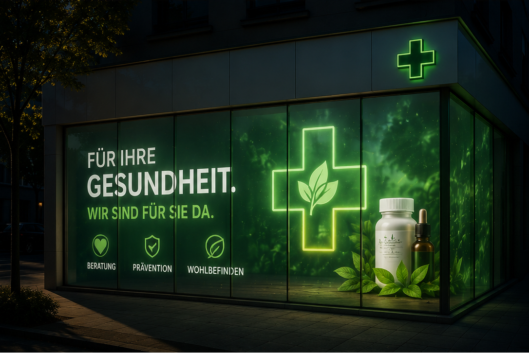 Schaufenster-Projektion an einer Apotheke: Glasfläche als digitale Werbefläche bei Nacht